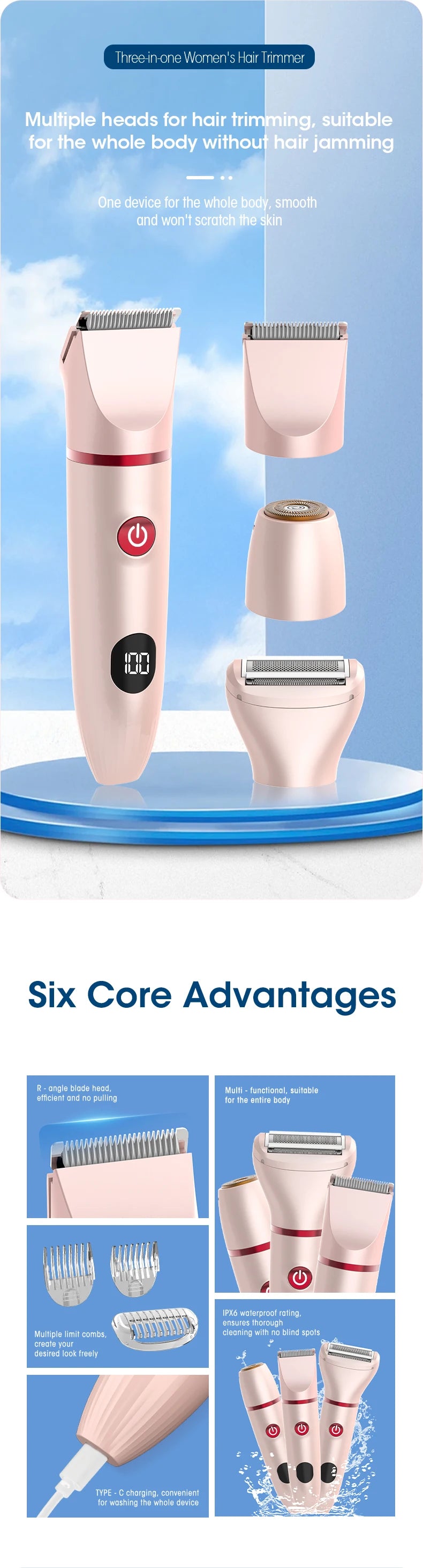 Resuxi depilador elétrico feminino 3 em 1, aparador de biquíni, remoção de costeletas, máquina de cortar cabelo labial, aparador de pelos privado, barbeador à prova d'água