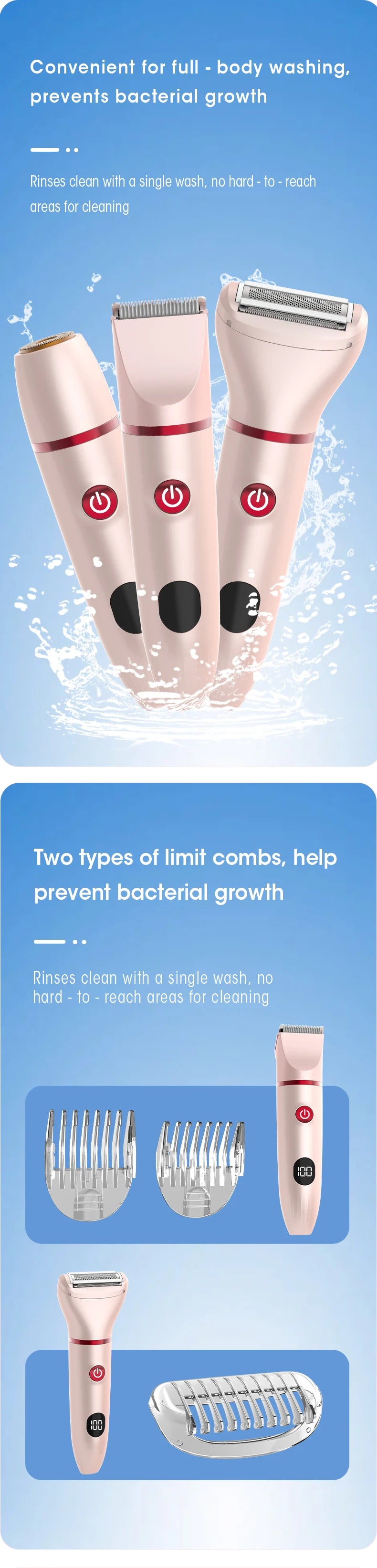 Resuxi depilador elétrico feminino 3 em 1, aparador de biquíni, remoção de costeletas, máquina de cortar cabelo labial, aparador de pelos privado, barbeador à prova d'água